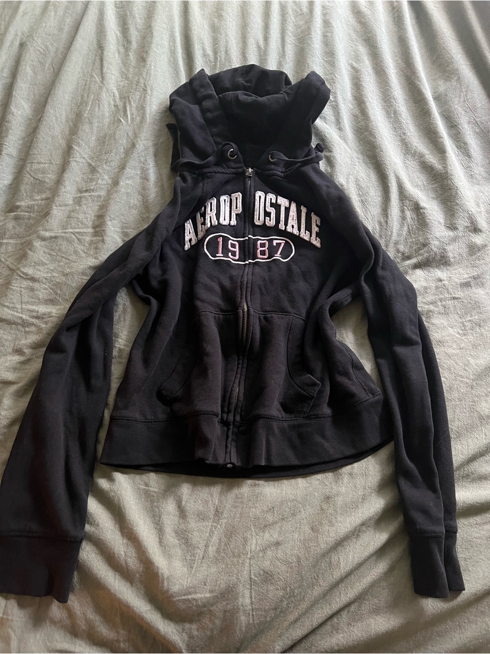 Aeropostale Black Hooded Zip Sweatshirt with Embroidered Logo
